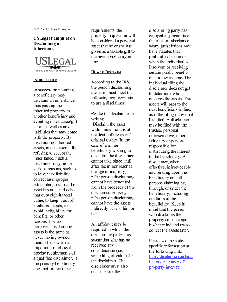 Disclaimer of Property Interest Wills and Estates Legal Form