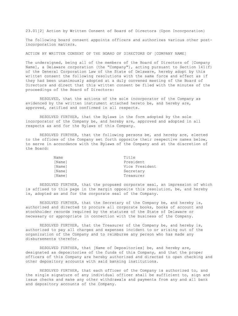 012 Action by Written Consent of Board of Directors Upon Incorporation  Form