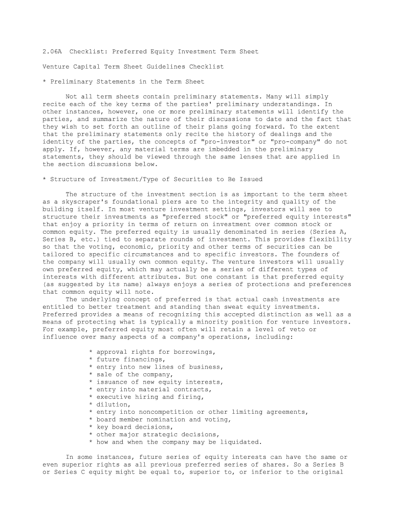 Checklist Preferred Equity Investment Term Sheet  Form