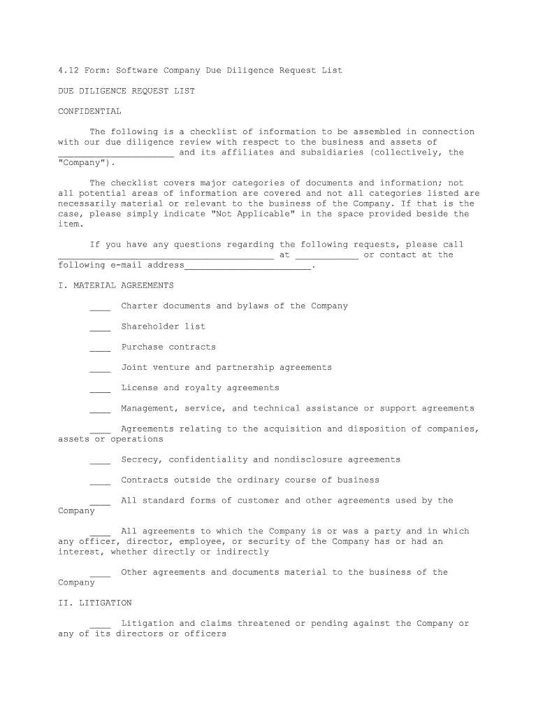 12 Form Software Company Due Diligence Request List