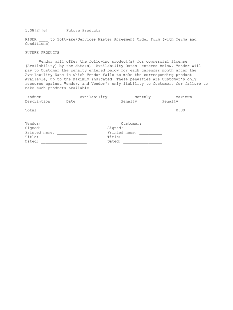 RIDER to SoftwareServices Master Agreement Order Form with Terms and