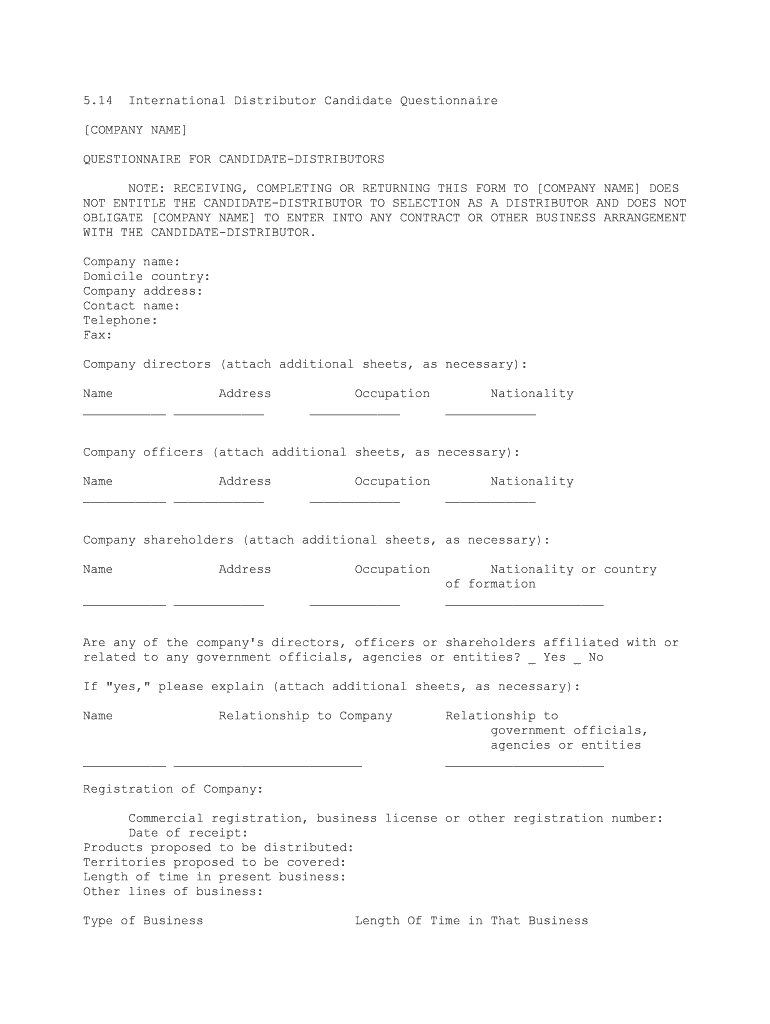 International Distributor Candidate Questionnaire  Form