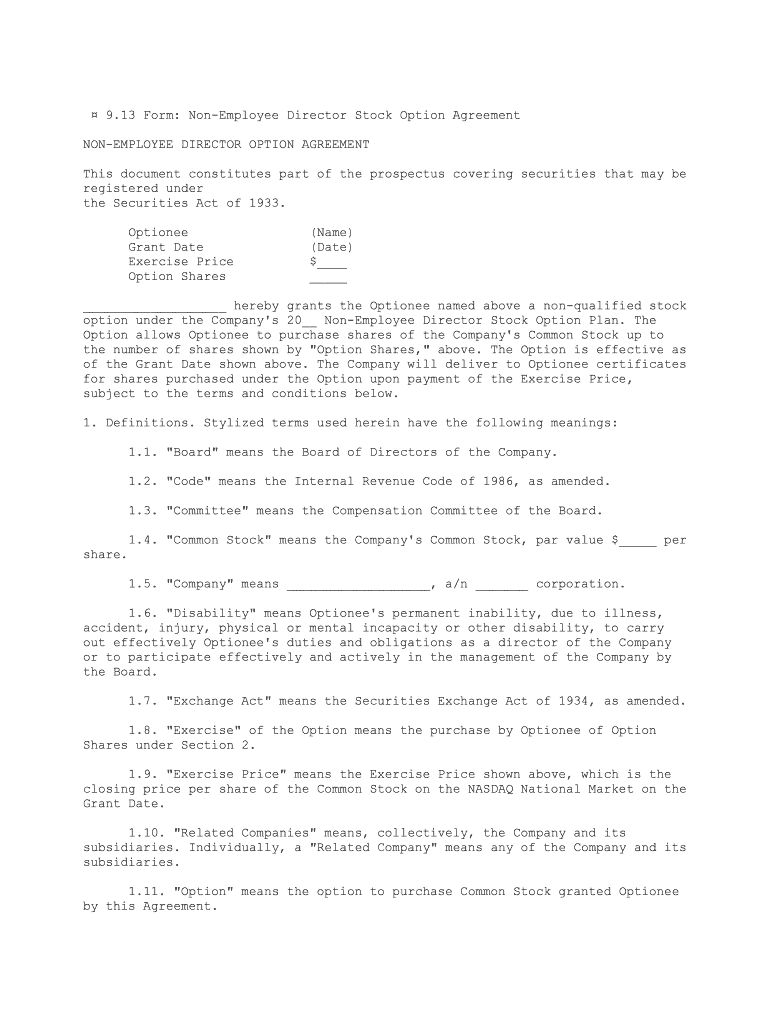 Form of Stock Option Agreement for Non Employee Directors