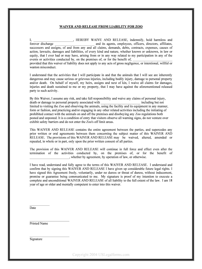 Waiver of Liability &amp;amp;amp; Hold Harmless Agreement  Form