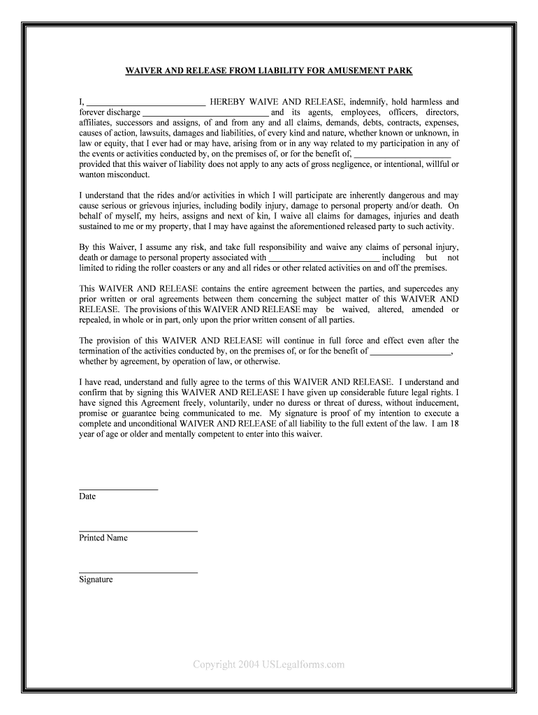 SKATE PARK LIABILITY WAIVER and RELEASE of LIABILITY  Form