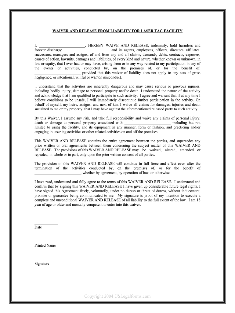 WAIVER and RELEASE from LIABILITY for LASER TAG FACILITY  Form