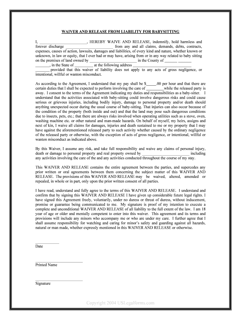 WAIVER and RELEASE from LIABILITY for BABYSITTING  Form