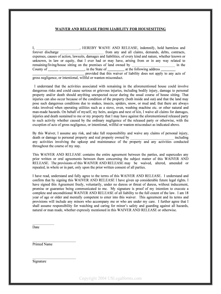 WAIVER and RELEASE from LIABILITY for HOUSESITTING  Form
