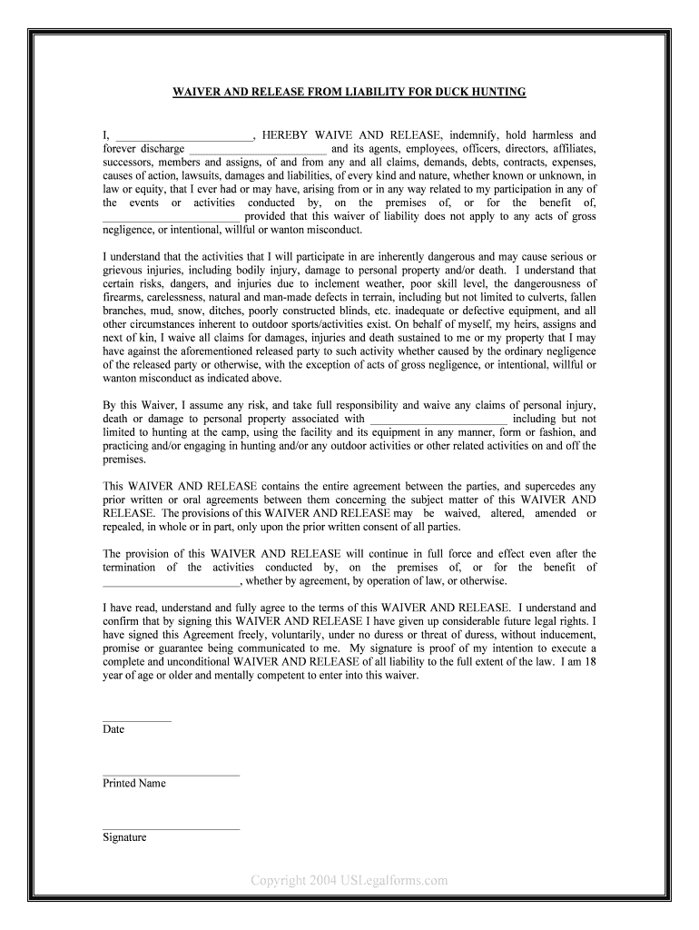 WAIVER and RELEASE from LIABILITY for DUCK HUNTING  Form