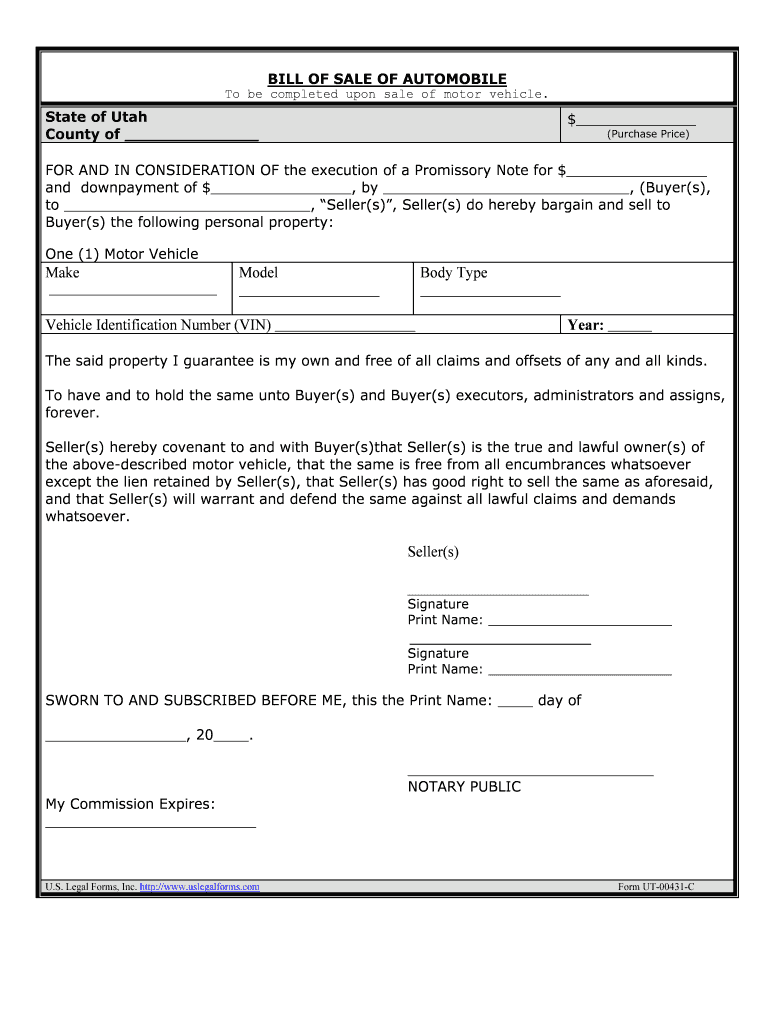 Utah Motor Vehicle Bill of Sale  Form