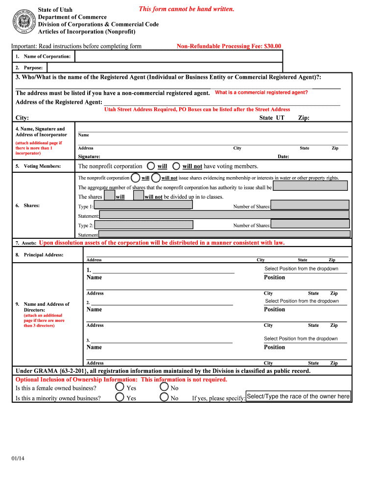 State of Utah This Form Cannot Be Hand Written Department