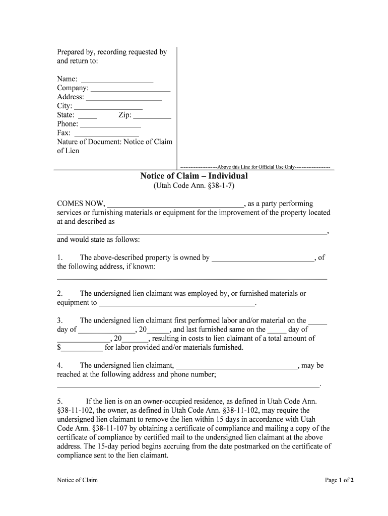 Nature of Document Notice of Claim  Form