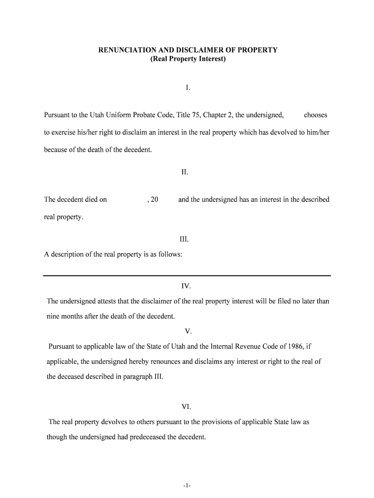 Utah Renunciation and Disclaimer of Property from Will by  Form