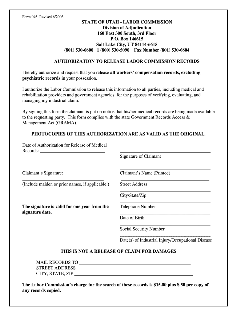 Fillable Online Laborcommission Utah Form 046 6 03 DOC