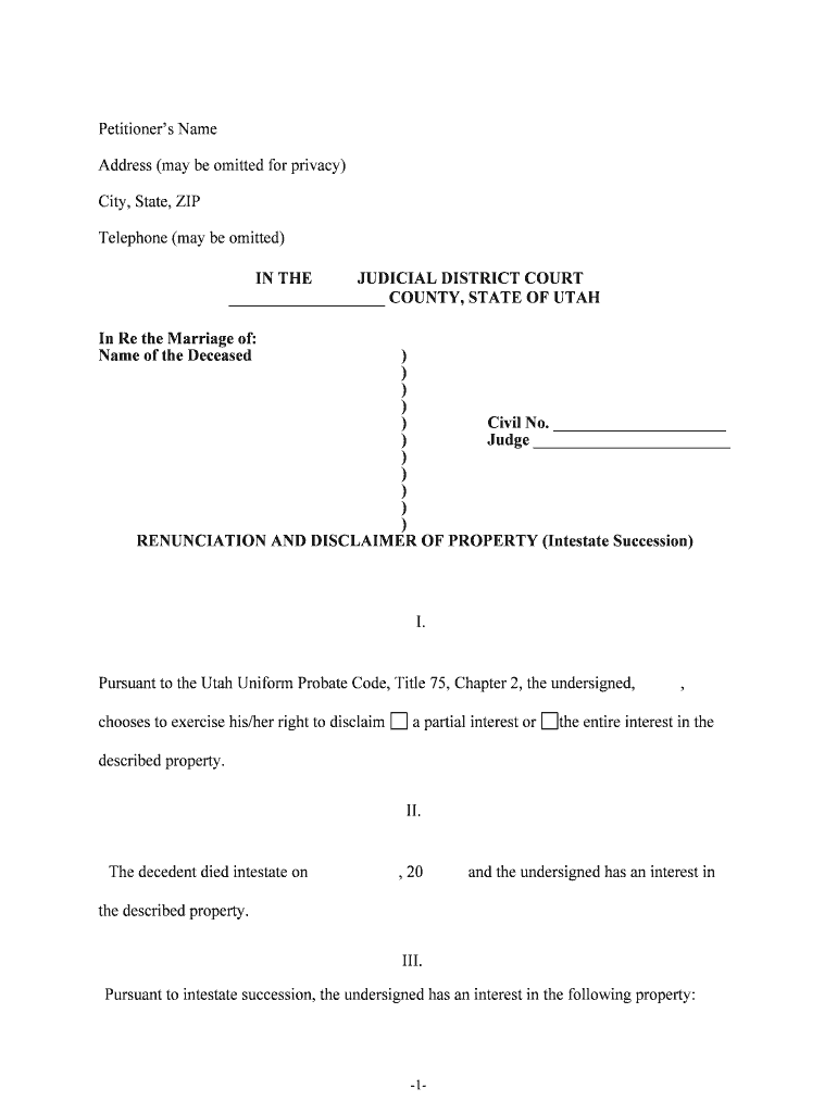 In the * JUDICIAL DISTRICT COURT * COUNTY, STATE of UTAH  Form