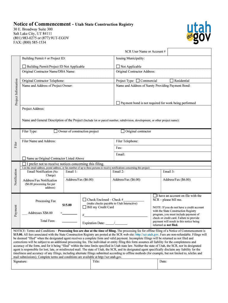 Notice of Commencement Utah State Construction Registry  Form