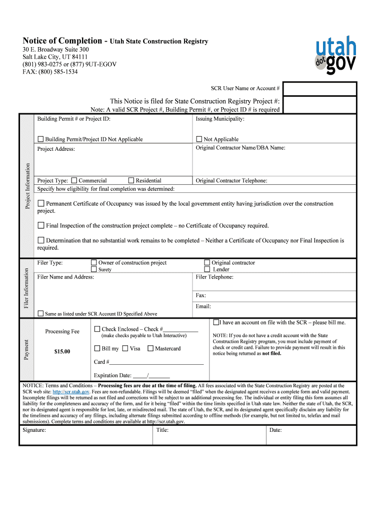Preliminary Notice Utah State Construction Registry SCR  Form