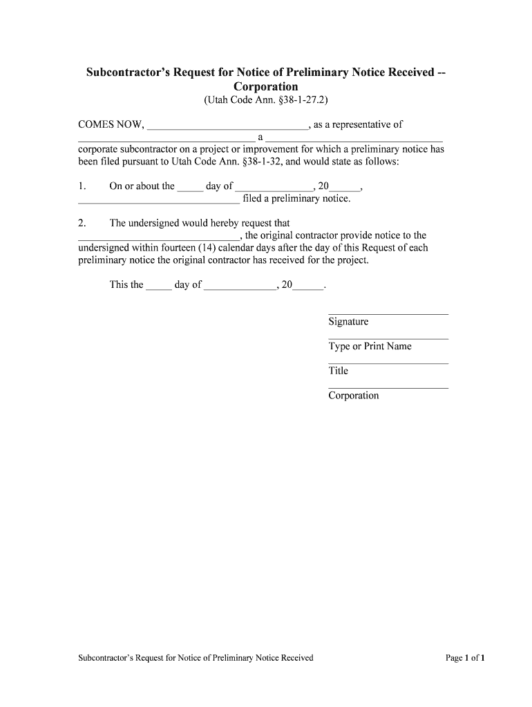 Subcontractors Request for Notice of Preliminary Notice Received Corporation  Form