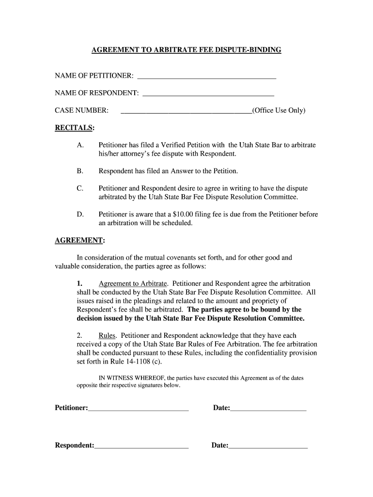 Utah State Bar Verified Petition to Arbitrate Fee Dispute  Form