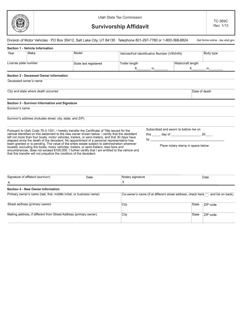 TC 569C Survivorship Affidavit Rev 113 Utah State Tax  Form