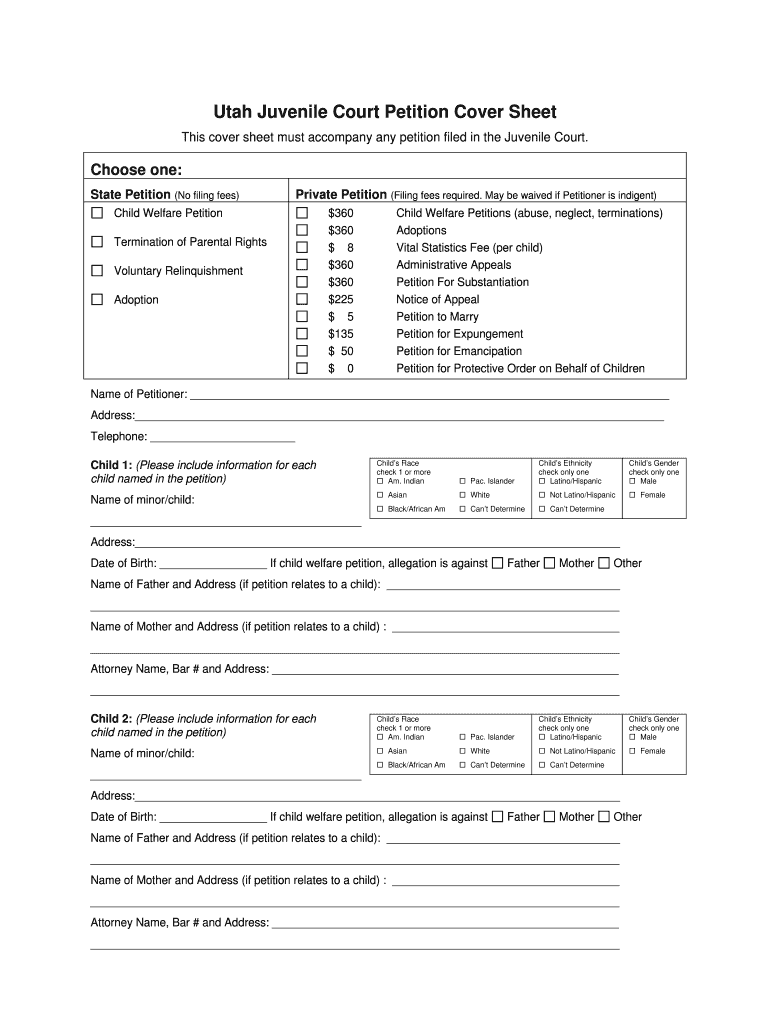 Juvenile Court Petition Cover Sheet Utah Courts  Form