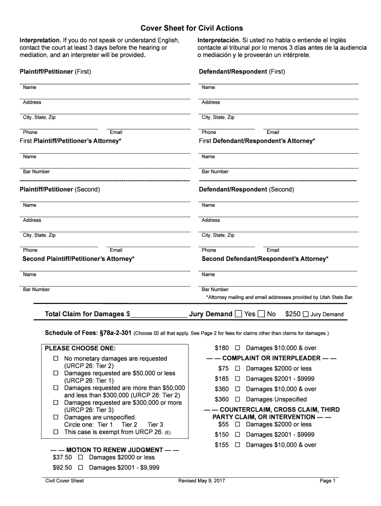 Cover Sheet for Civil Filing Actions 66  Form