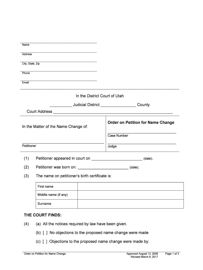 Order on Petition for Name Change  Form