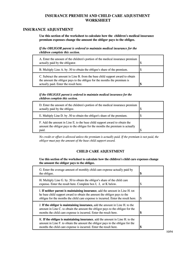 INSURANCE PREMIUM and CHILD CARE ADJUSTMENT WORKSHEET  Form