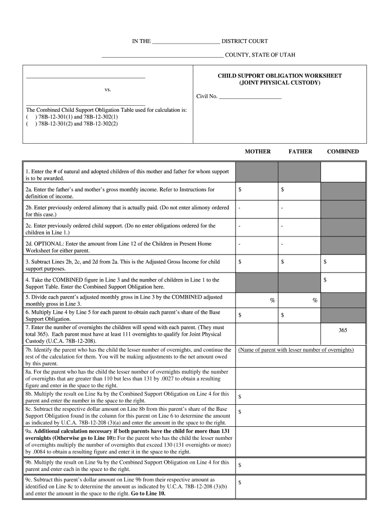 Instructions for the Joint Physical Custody Worksheet Utah  Form
