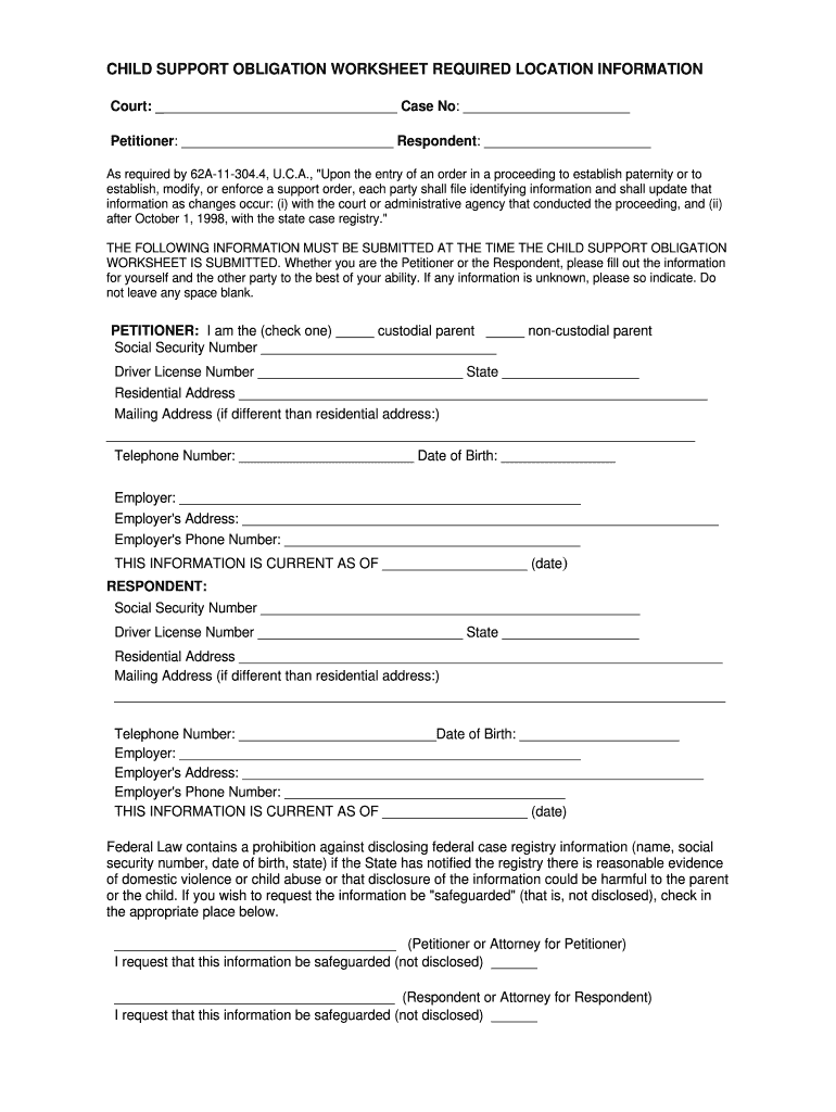 CHILD SUPPORT OBLIGATION WORKSHEET REQUIRED LOCATION  Form