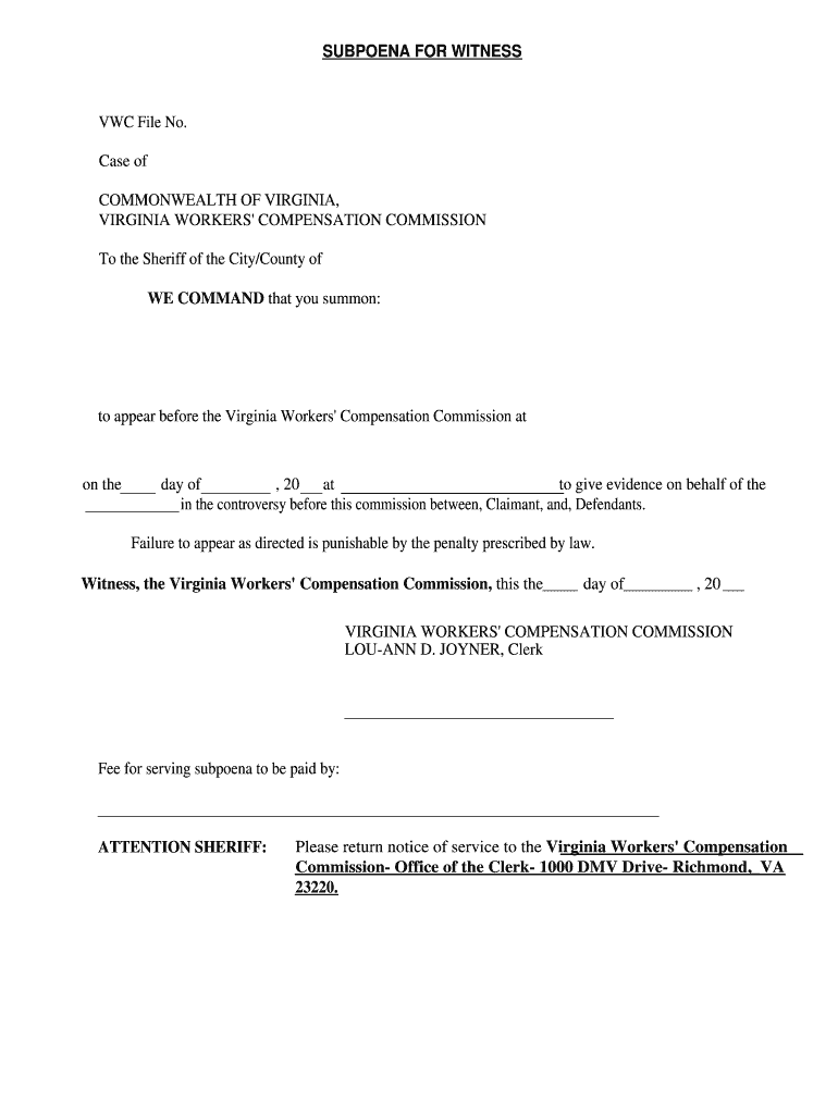 SUBPOENA for WITNESS VWC File No Case of  Form