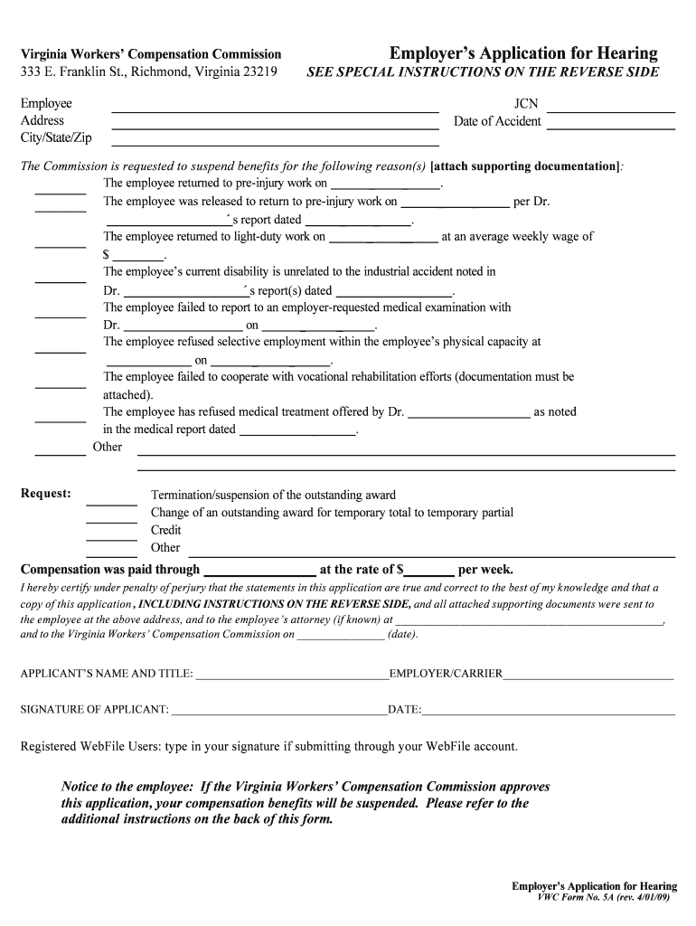 Employers Application for Hearing  Form