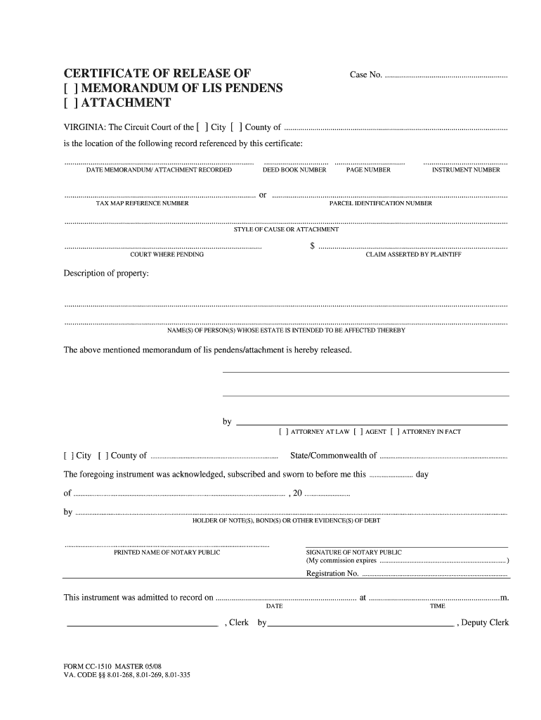 Certificate of Release of Memorandum of Lis Pendens  Form