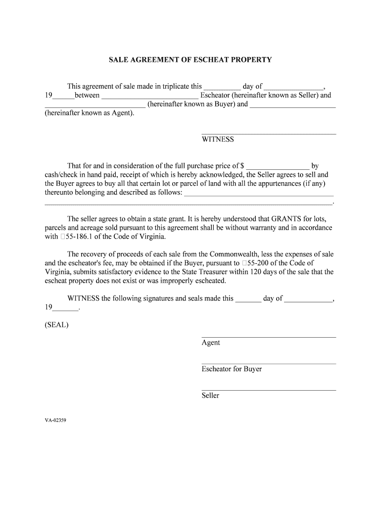 SALE AGREEMENT of ESCHEAT PROPERTY  Form