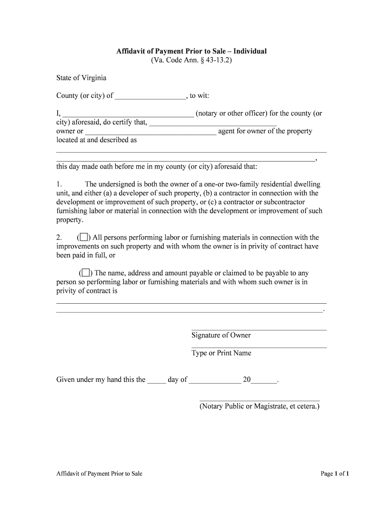 Affidavit of Payment Prior to Sale Individual  Form