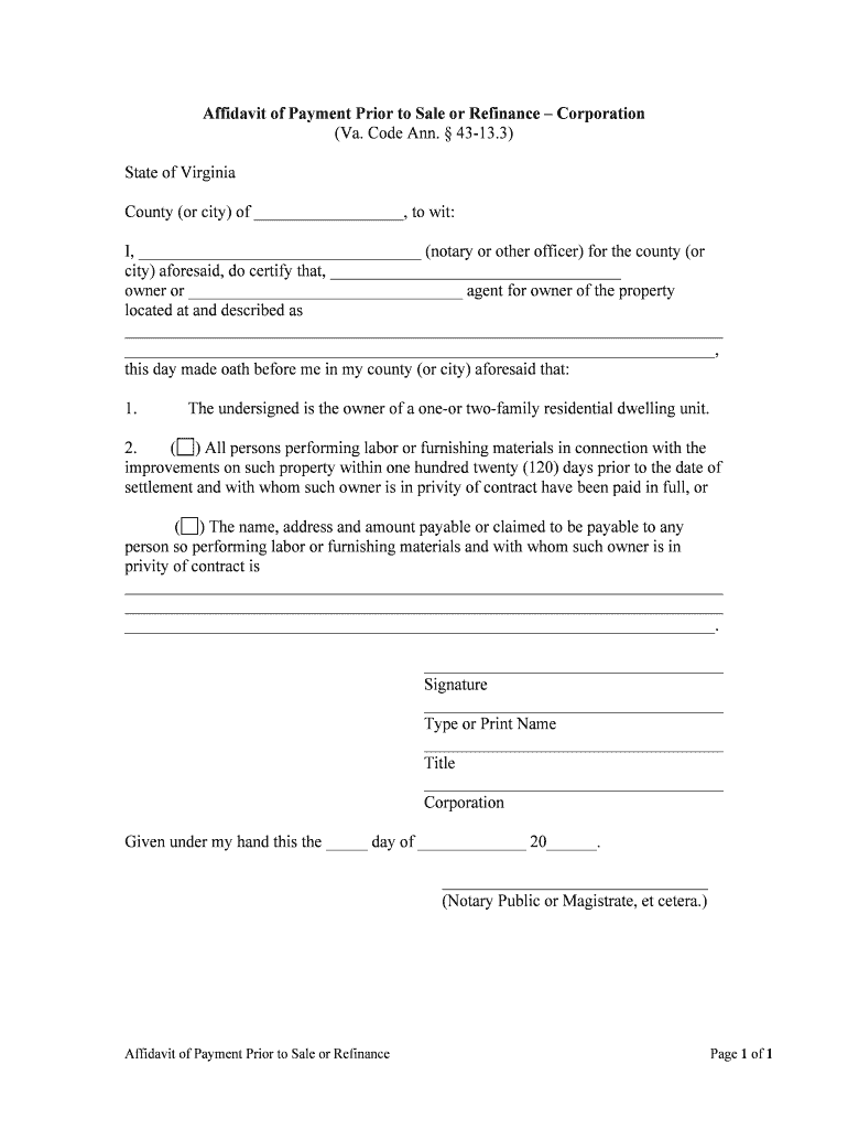 Affidavit of Payment Prior to Sale or RefinanceIndividual  Form