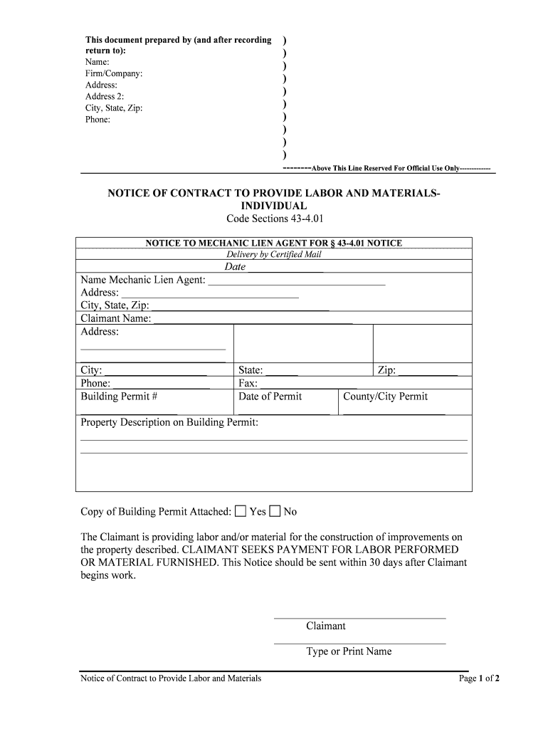 NOTICE of CONTRACT to PROVIDE LABOR and MATERIALSINDIVIDUAL  Form