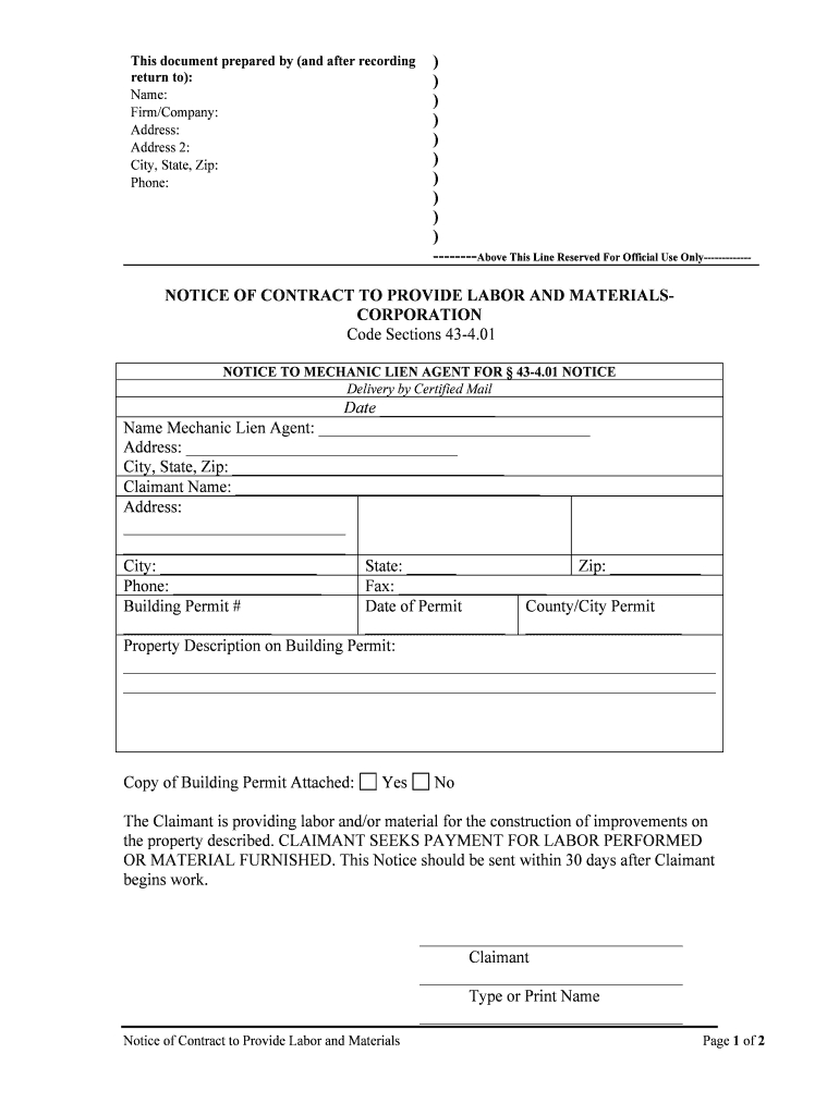 NOTICE of CONTRACT to PROVIDE LABOR and MATERIALS INDIVIDUAL  Form