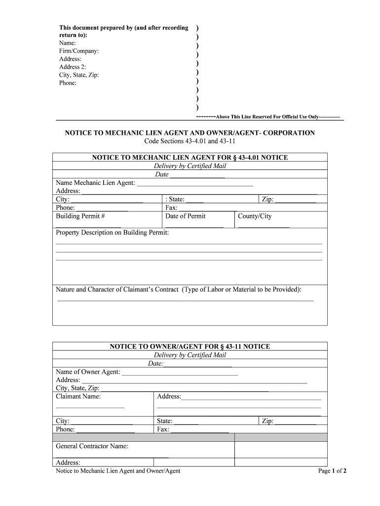NOTICE to MECHANIC LIEN AGENT and OWNERAGENT CORPORATION  Form