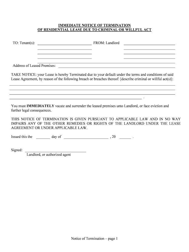 Virginia Notice of Immediate Termination of Lease Due to  Form