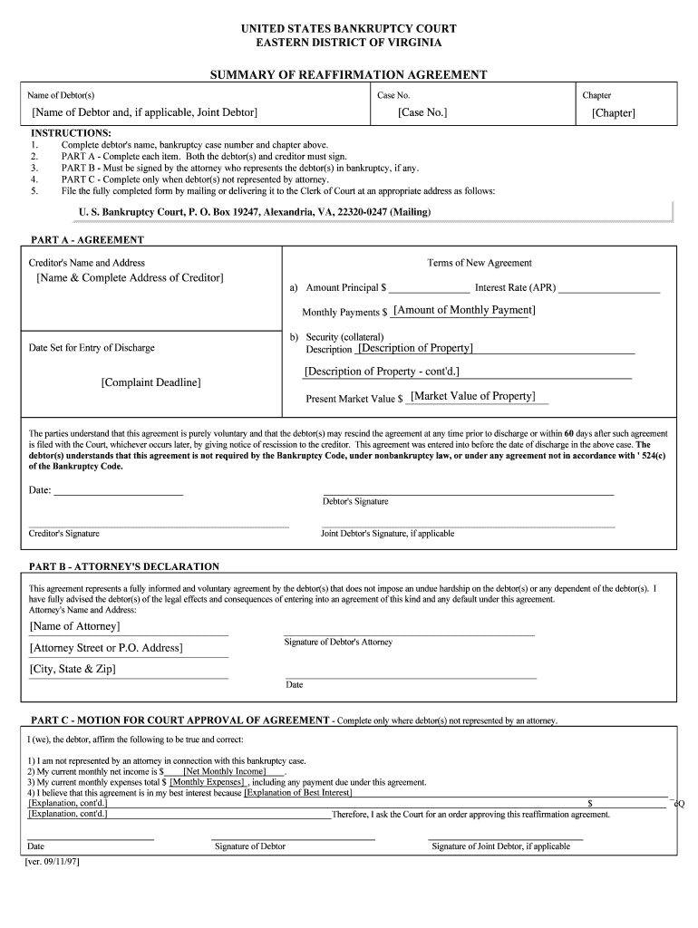 SUMMARY of REAFFIRMATION AGREEMENT  Form