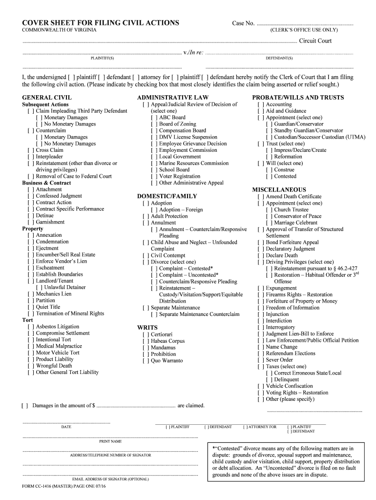 Cover Sheet for Filing Civil Actions Virginia's Judicial System  Form