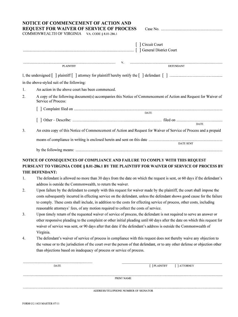 Justia Notice of Commencement of Action and Request for  Form