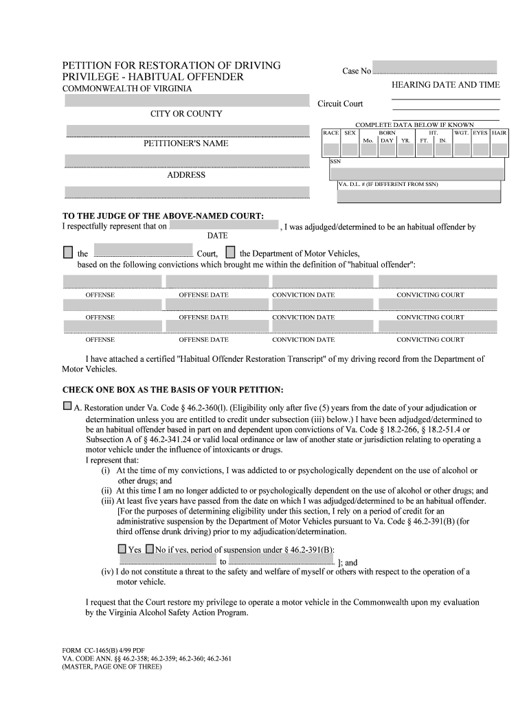 Habitual Offender Virginia Department of Motor Vehicles  Form