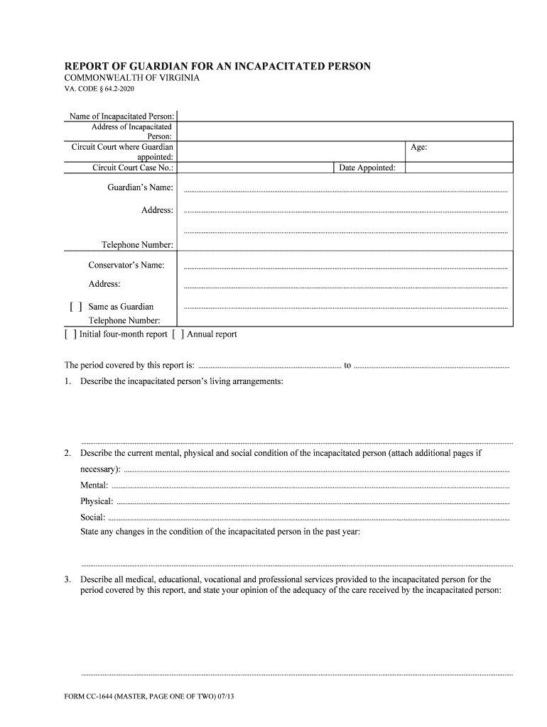 Report of Guardian for an Incapacitated Person CC 1644  Form