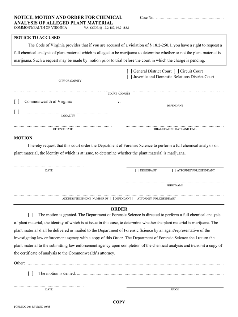 Notice, Motion and Order for Chemical Analysis of Alleged  Form