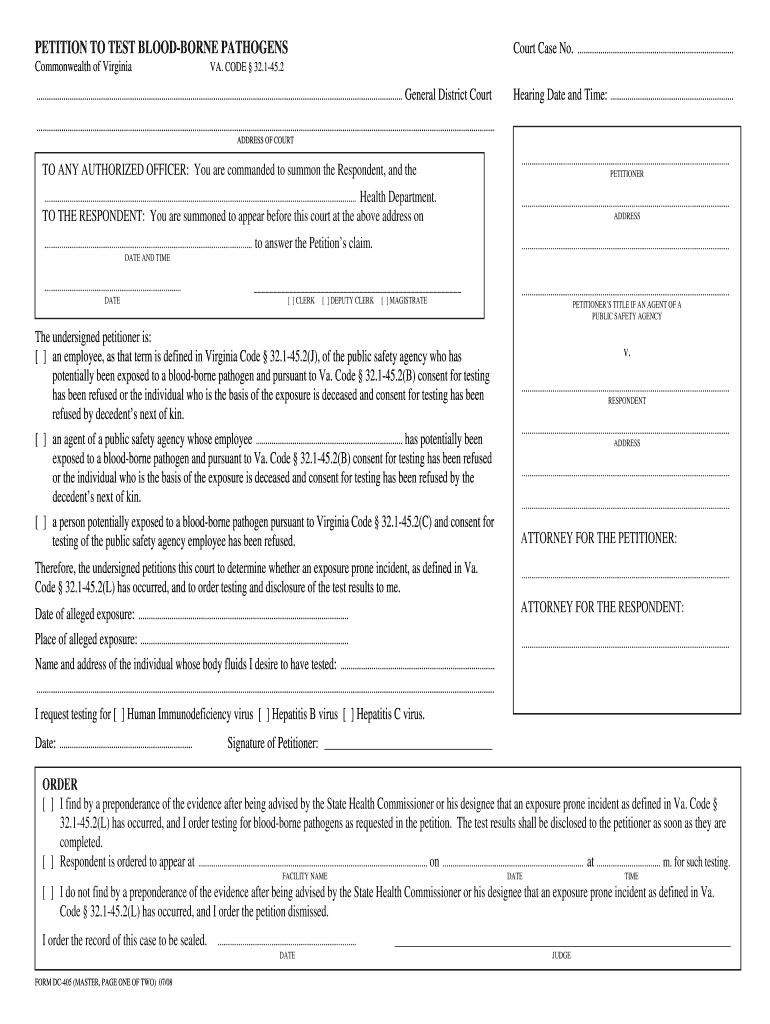 DC 405 Petition to Test for Blood Borne Pathogens MASTER, Pgs 1 2 FINAL 7 08 DOC  Form