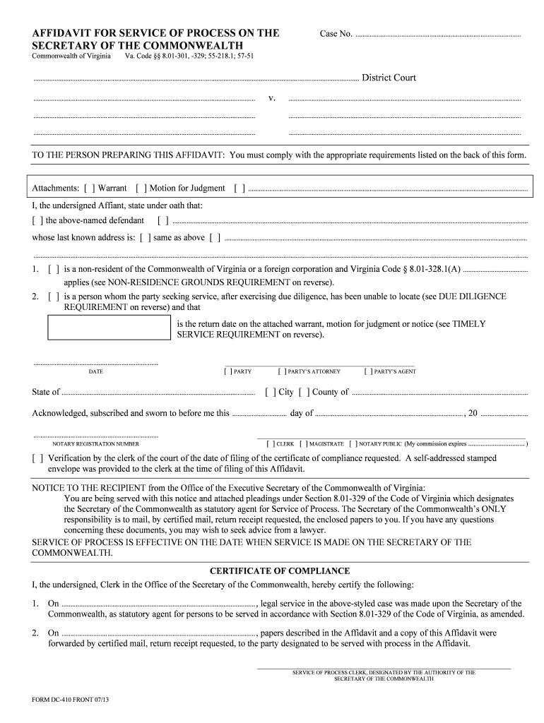 AFFIDAVIT for SERVICE of PROCESS on the Secretary  Form