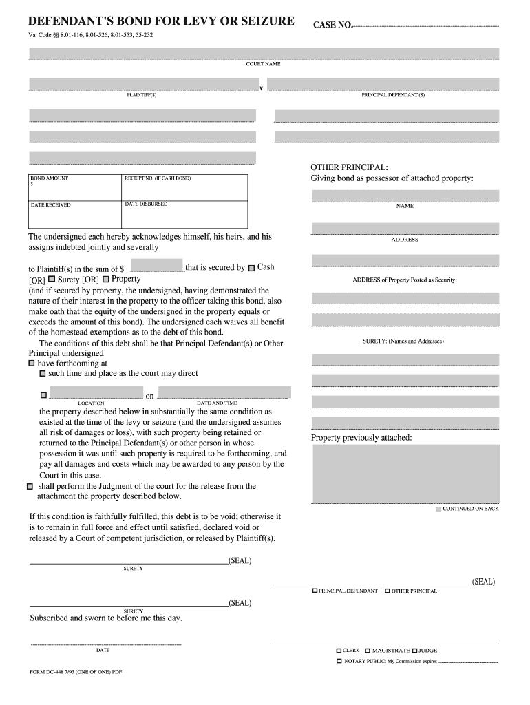 DEFENDANT'S BOND for LEVY or SEIZURE  Form