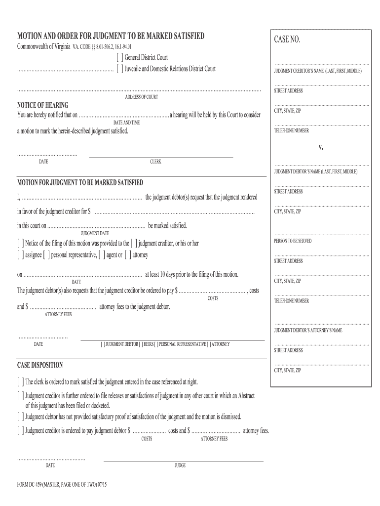 MOTION and ORDER for JUDGMENT to BE MARKED SATISFIED  Form